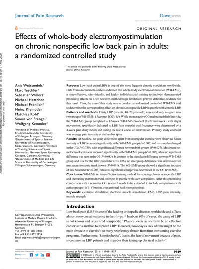 Effects of Whole-Body Electromyostimulation on Chronic Nonspecific Low Back Pain in Adults.