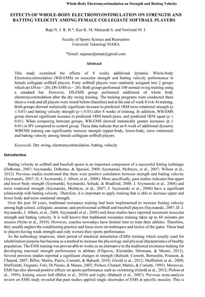 Effects of Whole-Body Electromyostimulation on Strength and Batting Velocity of Female Collegiate Softball Players.