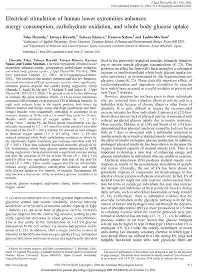 Electrical stimulation of human lower extremities enhances energy consumption, carbohydrate oxidation, and whole body glucose uptake.
