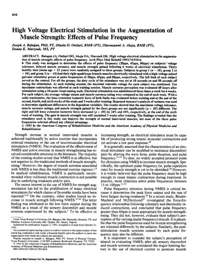 High Voltage Electrical Stimulation in the Augmentation of Muscle Strength - Effects of Pulse Frequency.