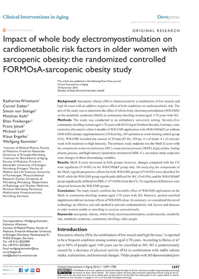 Impact of whole body electromyostimulation on cardiometabolic risk factors in older women with sarcopenic obesity: the randomized controlled FORMOsA-sarcopenic obesity study.